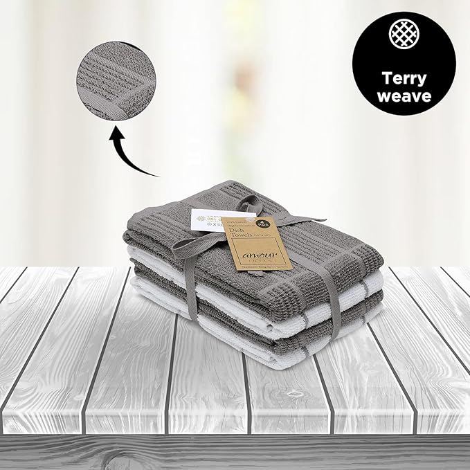AMOUR INFINI Kitchen Towels Pack of 4 - Absorbent, Quick Drying Premium Cotton Tea Towel - Kitchen Linens 16x28 Inch Dish Towels with Hanging Loop (L.Grey)