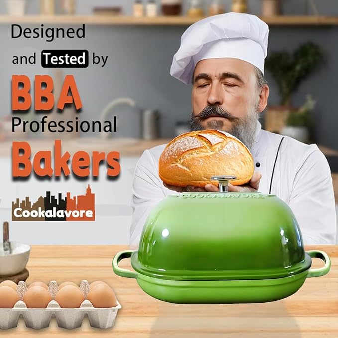 Cast Iron Bread Oven,6 QT Bread Oven,Thick Enameled Loaf Pan with Lid,Bread Pans for Homemade Bread,14.5"Dutch Oven for Bread Baking,Dutch Oven-with Silicone Baking Mat&Recipe,Gifts for Family,Green