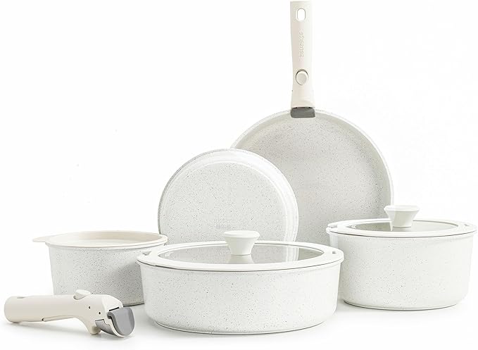 SENSARTE 13 Piece Pots and Pans Set, Nonstick Detachable Handle Cookware, Induction Kitchen Cookware Set with Removable Handle, Healthy Non Stick for RV, Dishwasher ＆ Oven Safe (White)