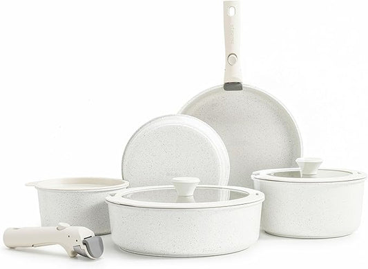 SENSARTE 13 Piece Pots and Pans Set, Nonstick Detachable Handle Cookware, Induction Kitchen Cookware Set with Removable Handle, Healthy Non Stick for RV, Dishwasher ＆ Oven Safe (White)