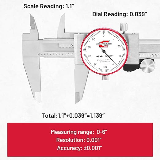 0-6" Range SAE Dial Caliper Measuring Tool, Analog Precision Micrometer Caliper ±0.001" Accuracy, Manual Mechanical Metal Stainless Steel Measuring Dial with 4-Way Measurements
