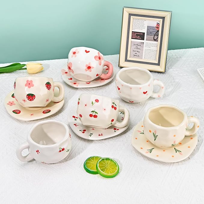 Koythin Ceramic Coffee Mug with Saucer Set, Cute Creative Pink Flower Cup Unique Irregular Design for Office and Home, 10 oz/300 ml for Latte Tea Milk