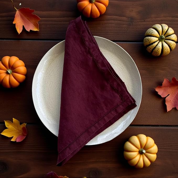 Hemstitched Linen Napkins – 20 Inch x 20 Inch – Stonewashed Pure Linen Cloth Dinner Napkins with Mitered Corners - 100% French Flax – Machine Washable - Set of 4 (Burgundy)