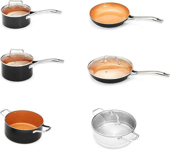 Amazon Basics Ceramic Nonstick Pots and Pans Cookware Set, Dishwasher & Oven Safe, Even Heating, 10-Piece Set, Copper Color