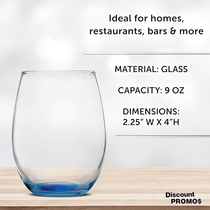 DISCOUNT PROMOS Stemless Wine Glass 9 oz. Set of 10, Bulk Pack - Great for Wedding Favors, Bachelorette Party and More - Blue Bottom Color