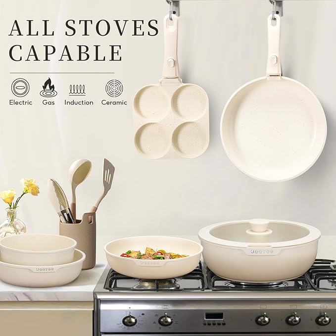 JEETEE Nonstick Pots and Pans Set with Removable/Detackable Handle (Beige, 20 pcs)