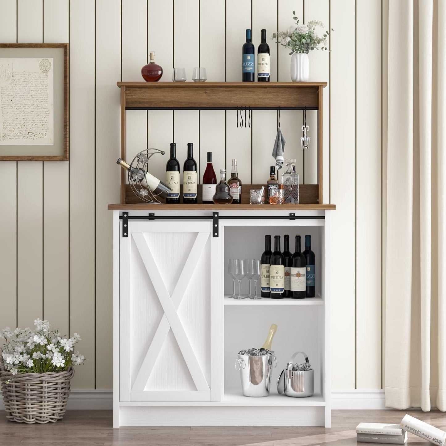 4ever2buy Farmhouse Coffee Bar Cabinet with Storage, White Coffee Bar with Hutch and 6 Hooks, 31.5 Inch Hutch Cabinet with Sliding Barn Door and Adjustable Shelves for Living Room