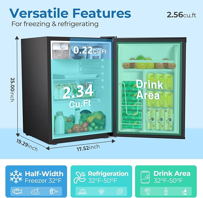 2.56 Cu.ft Compact Refrigerator with Reversible Single Door, Silver