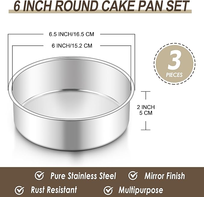 Homikit 6 Inch Round Cake Pan Set, Stainless Steel Small Baking Pans 3 Pack for Oven & Dishwasher, 2” Deep Small Nonstick Layer Cake Tins, Non-Toxic & Healthy