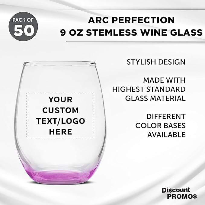 Custom Stemless Wine Glass 9 oz. Set of 50, Personalized Bulk Pack - Great for Wedding Favors, Bachelorette Party Decorations, Party Favors, Color Bottom - Pink