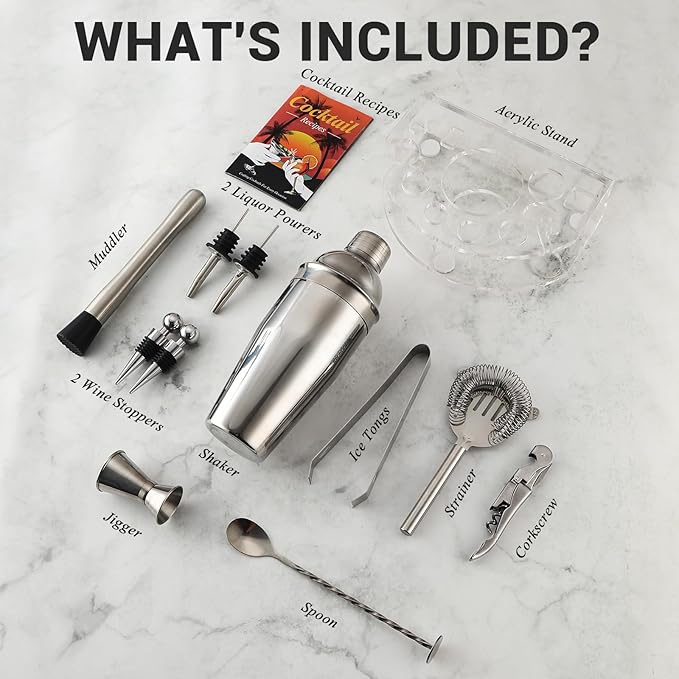 Bartender Kit Cocktail Shaker Set, Stainless Steel Cocktail Kit with 12 Piece Bar Accessories, 25oz Shaker Bar Set Drink Mixer Set with Stand Jigger Strainer Spoon Muddler for Cocktails (Silver)