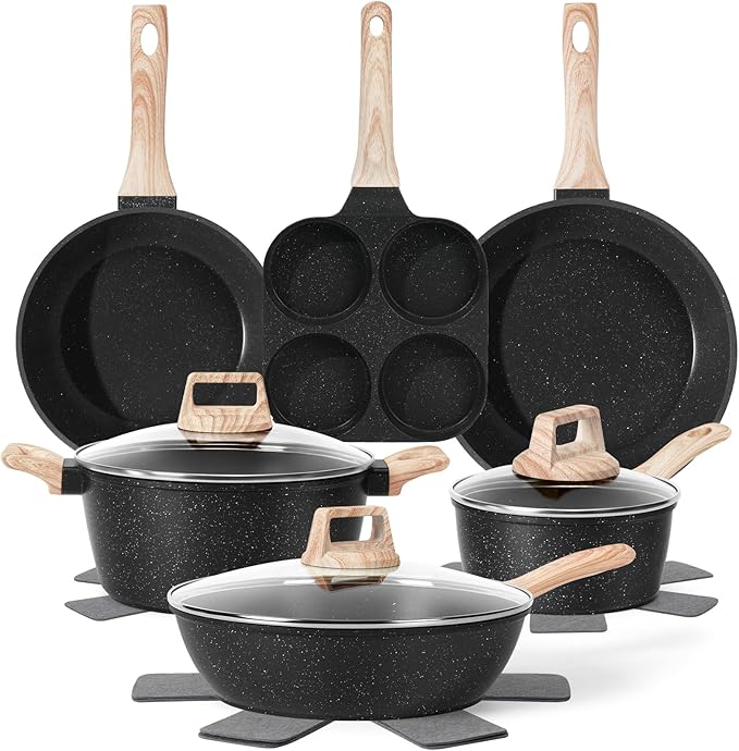 13 Pcs Pots and Pans Set, Nonstick Cookware Sets Black Granite Induction Cookware, Non-toxic Healthy Non stick Kitchen Cooking Set with Frying Pans Set, Saucepans (PFAS/PFOA/PFOS Free)