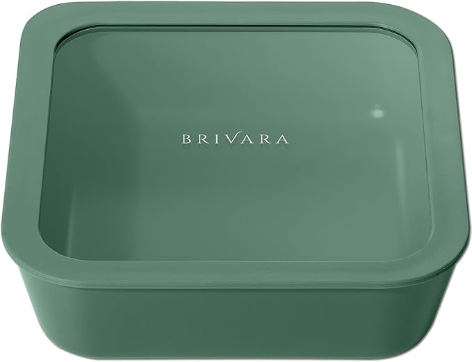 Ceramic Coated Glass Food Storage Container | No PTFE, PFOA, PFAS, and BPA | Reusable Non Toxic Meal Prep Container with Glass Lid | Easy To Store | 8 Cup Square [Pine]