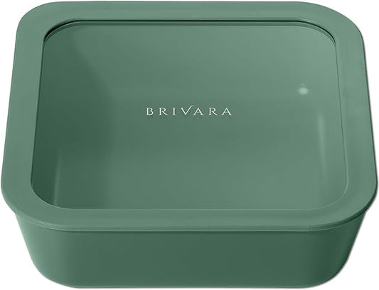 Ceramic Coated Glass Food Storage Container | No PTFE, PFOA, PFAS, and BPA | Reusable Non Toxic Meal Prep Container with Glass Lid | Easy To Store | 8 Cup Square [Pine]