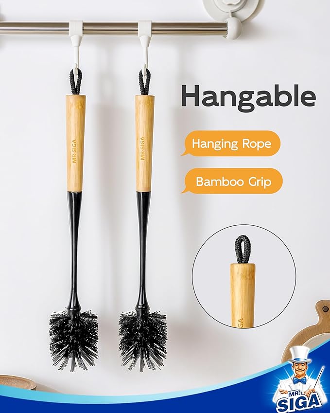 MR.SIGA Water Bottle Brush, Long Handle Bottle Brush for Water Glasses, Baby Bottles, Sports Bottles Cleaning, Black, 2 Pack