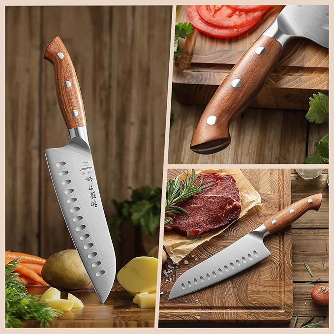 HEZHEN Santoku Chef Knife-7.3 inch Blade German DIN 1.4116 Stainless Steel-Full Tang-Red Wood Handle