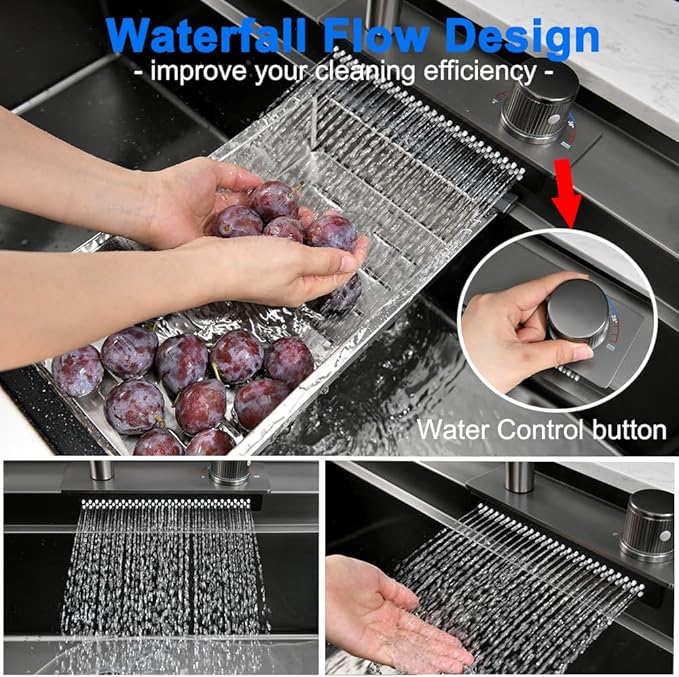 33 Undermount Kitchen Sink with Faucet, 33x19 Black Stainless Steel Workstation Undermount Waterfall Kitchen Sink Dual Mount Pull Down Sprayer Faucet