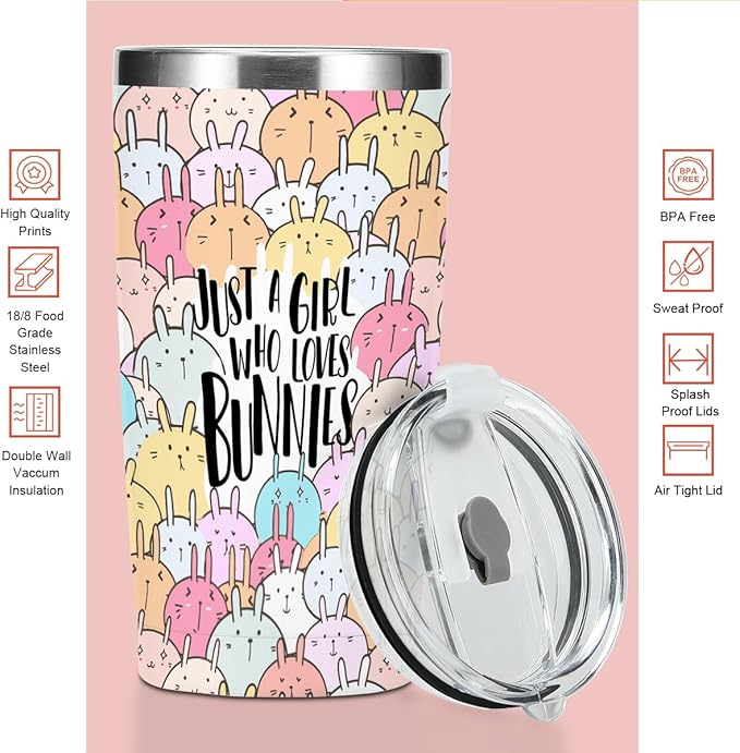 Funny Bunny Tumbler,Bunny Stuff 20 oz Stainless Steel Coffee Mug，Travel Cup，Insulated Cup with Lid for Car, Perfect Gifts for Girl Bunnies Lover Niece Friend Coworker Christmas Birthday