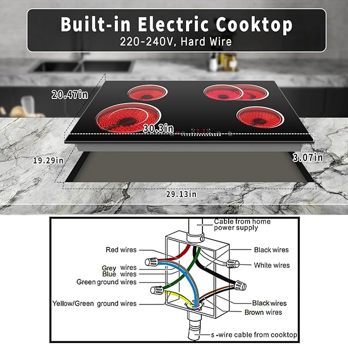 30 Inch Electric Cooktop 6600W, 4 Burner Electric Stove with Slide Control, Built-in 30'' Ceramic Cooktop 220V Hard Wire, Timer & Safety Lock, Extended Zone, Residual Heat Warning