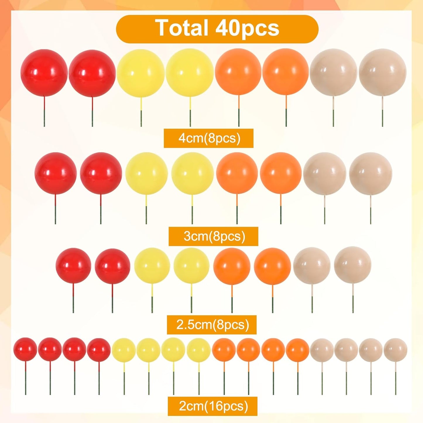 BEISHIDA 40 Pcs Mini Balls Cake Toppers - DIY Cake Decorations for Girls, Baking, Thanksgiving, Birthday, Baby Shower (Red, Orange, Yellow)