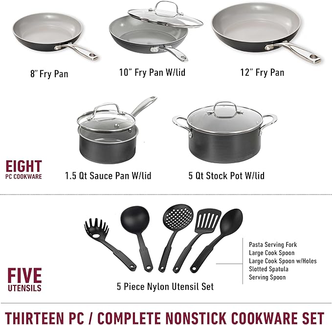 Granitestone 13 Pc Ceramic Pots and Pans Set Non Stick, Kitchen Cookware Sets, Pot and Pan Set Nonstick, Anodized Non Toxic Ceramic Cookware Set, Non Stick Pots and Pan Set, Oven & Dishwasher Safe