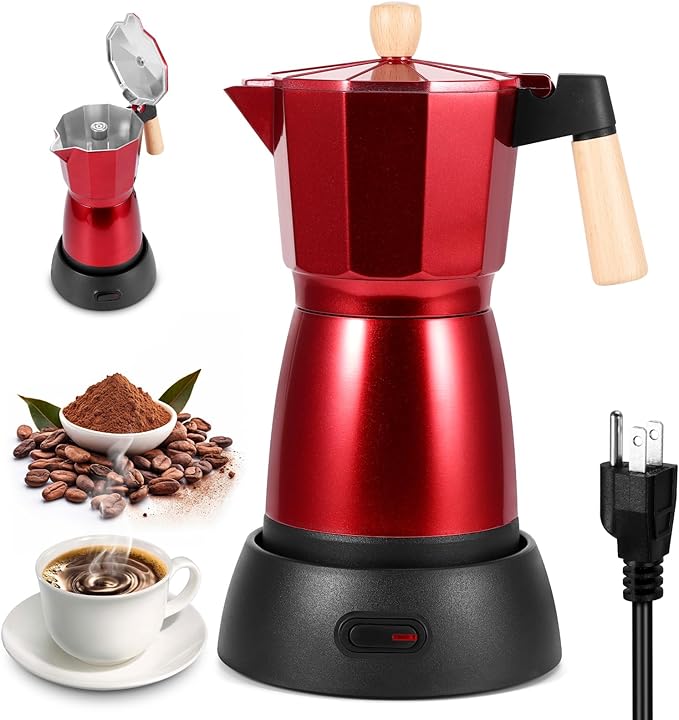 AOZBZ Moka Pot Electric Espresso Coffe Maker, 300ml 6 Cups Portable Coffee Pot with Overheat Protection and Detachable Base, Electric Espresso Maker, 450W, Red