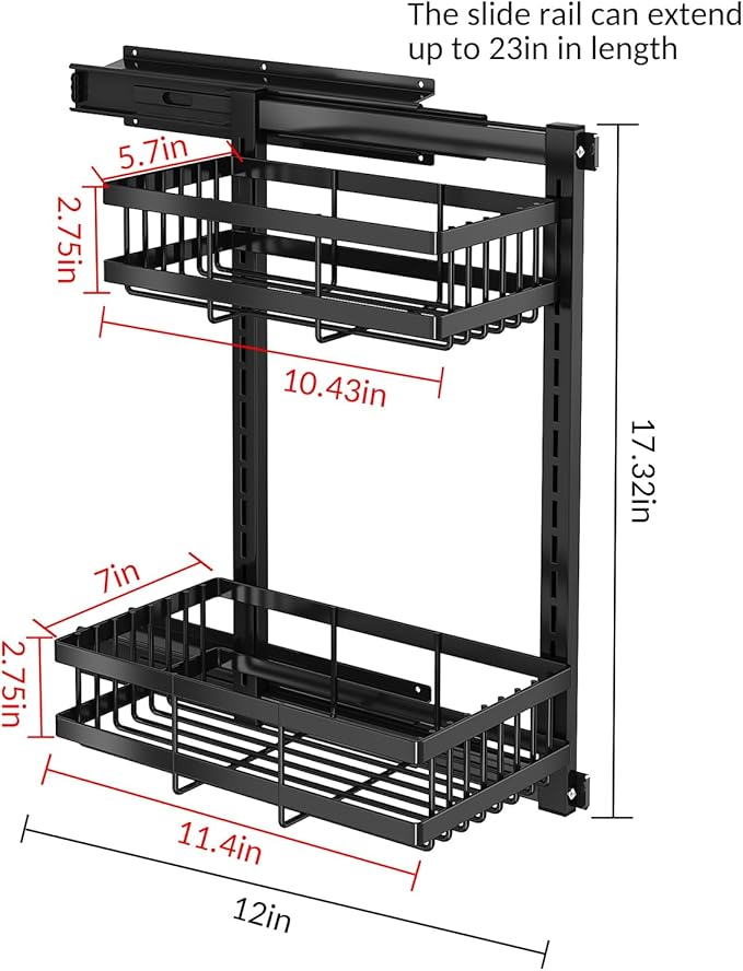 Pull Out Spice Rack Organizer 2 Tier Sliding Cabinet Interior Metal Spice Drawer Adjustable & Removable, Holds Up to 20 Jars for Kitchen, Pantry, Cafe