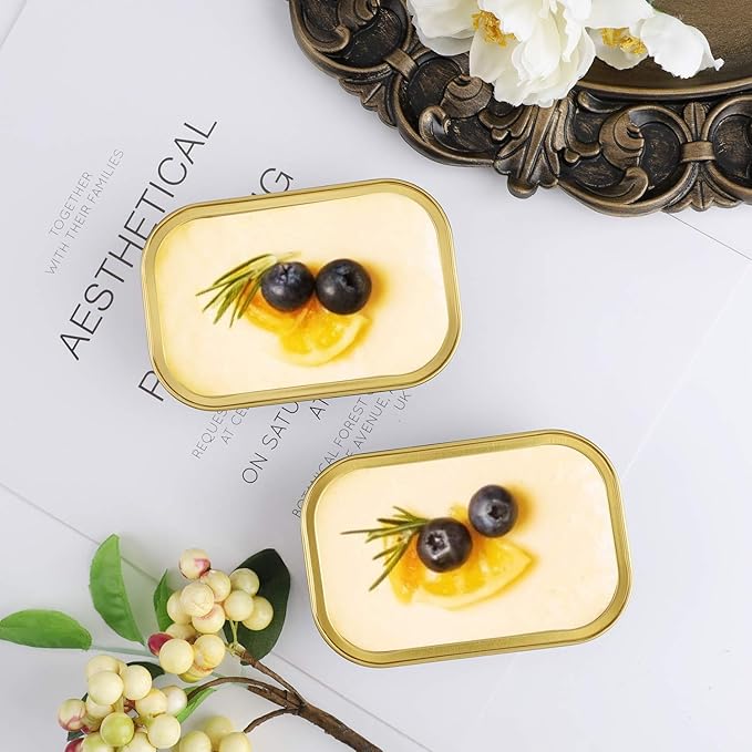 EUSOAR Aluminum Foil Cups, 5.7oz 50pcs Baking Cups with Lids, Snacks Desserts Flan, Cupcake Pie Ramekin, Recyclable Catering Shower Wedding Party Favor Baking Cups-Black Gold