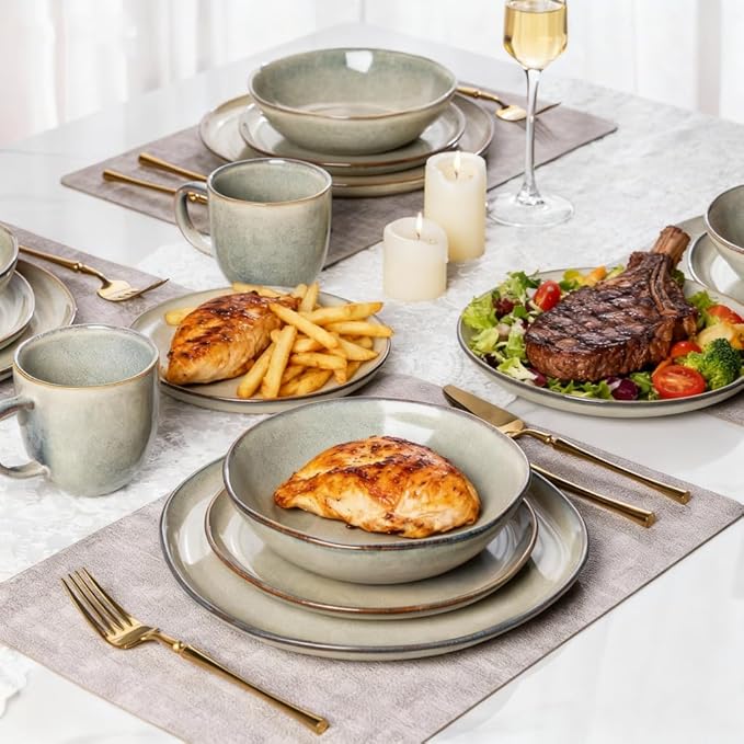 AmorArc Ceramic Dinnerware Sets,Handmade Reactive Glaze Stoneware Plates and Bowls Set,Highly Scratch Resistant | Dishwasher & Microwave Safe Dishes Set,Service for 6 (18pc)