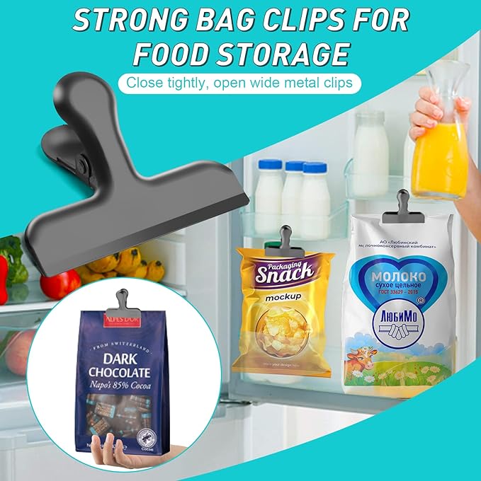 Funfery Stainless Steel Black Chip Clips 3" Bag Clips for Kitchen Storage,Food,Snacks,8 Pack Large Metal Clip for Food Packages,Chips,Paper and Home&Office