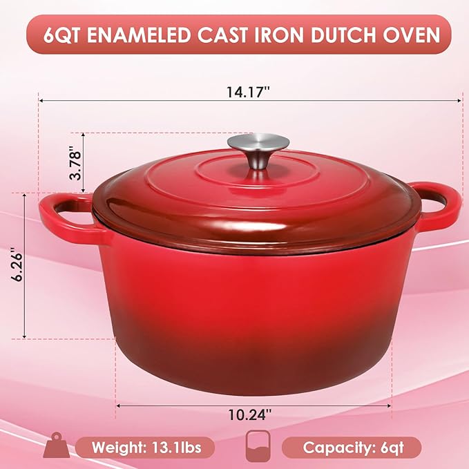 LIFERUN 6 Qt Enameled Cast Iron Dutch Oven Pot with Lid，Oven Safe up to 500° F, Heavy-Duty Non-Stick Dutch Oven with Dual Handles for Bread Baking, Fry Foods, Braising, Stews, Roasting (Red)
