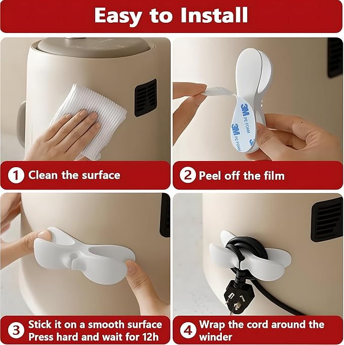 4 Pack Upgraded Cord Organizer for Kitchen Appliances with Self Adhesive Mount, Stick On Cord Organizer for Appliances, Cable Cord Holder Cord Winder for Blender Mixer, Toaster, Air Fryer (White/Grey)