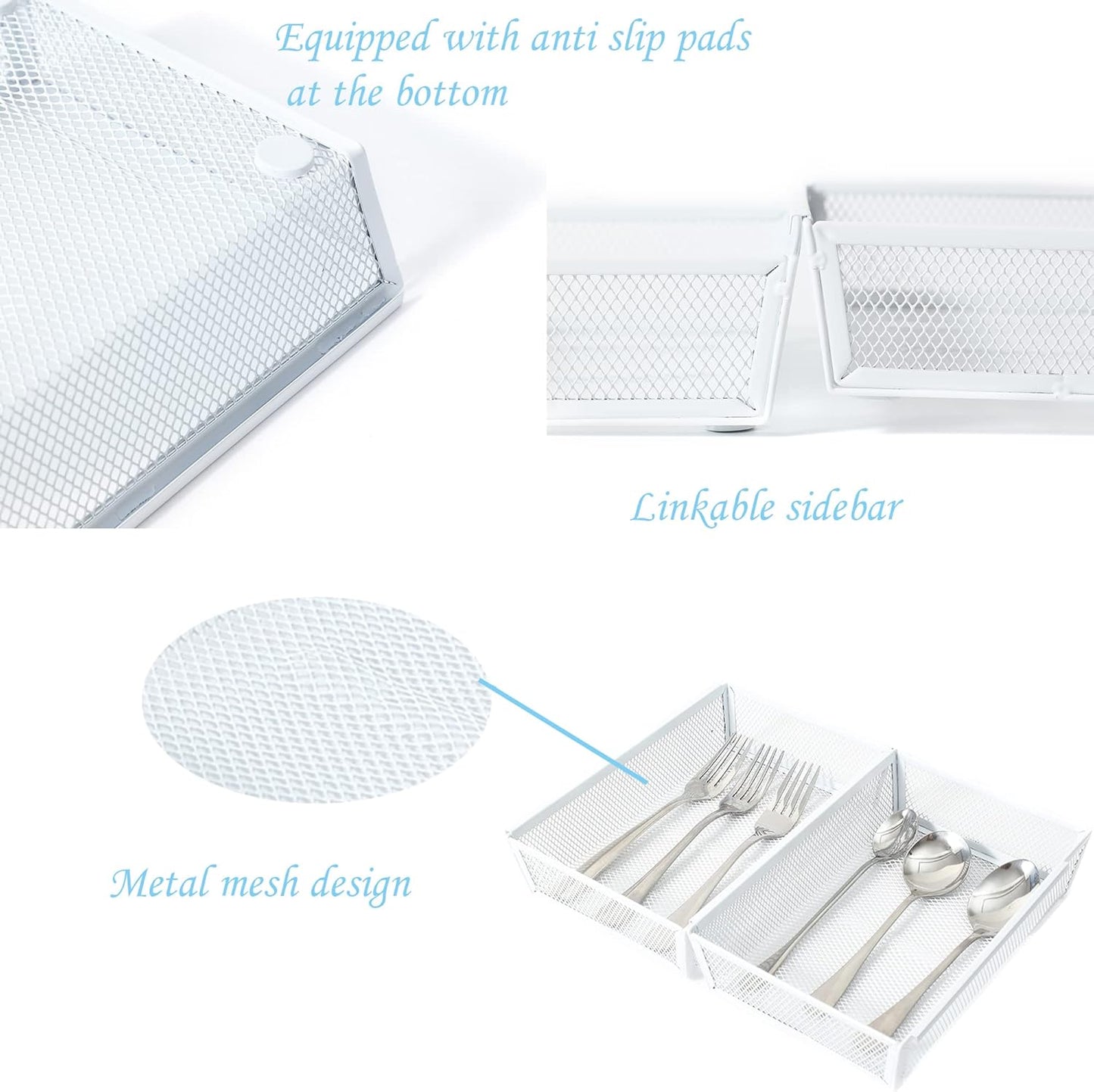 Mesh Tray Kitchen Drawer Utensil Cutlery Tray Office Supplies with Inter-locking Arm Drawer Dividers Organizer for Silverware, Flatware, Home,Office, School,Bedroom(9＂X6＂4pack) White