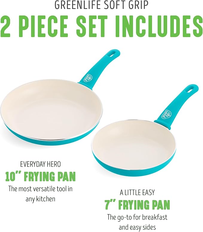 GreenLife Non Stick Fry Pan Set (7" & 10"), Non-Toxic PFAS-Free Ceramic Skillets, Dishwasher & Oven Safe, Egg Omelet Frying Pans, Stay- Cool Handles, Kitchen Home Cooking Essentials, Caribbean Blue