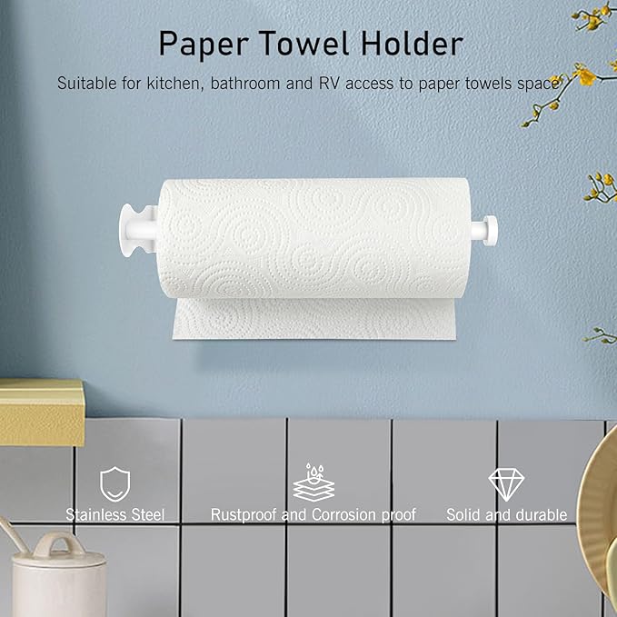 SetSail Paper Towel Holder, Paper Towel Holder Under Cabinet with Adjustable Damper Easy Tear Wall Mount Self-Adhesive or Drilled for Kitchen Bathroom, White