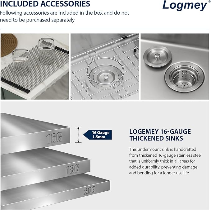 Logmey 33 inch Double Bowl Farmhouse Sink - 33x20 16 Gauge Stainless Steel Farm Sink Apron Front 50/50 Farm Kitchen Sinks
