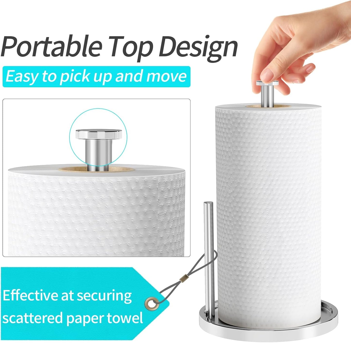 Paper Towel Holder Countertop, Standing Paper Roll Holder with Anti Slip Weighted Base, Stainless Steel Freestanding Paper Towel Holder for Kitchen, Chrome