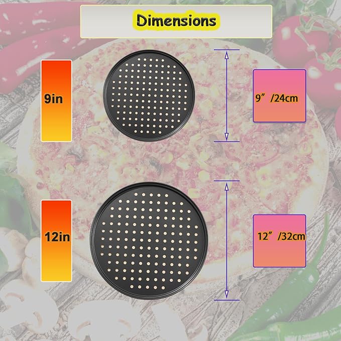 2Pcs Carbon Steel Pizza Pan With Holes 9inch 12inch non stick pizza pan for Oven Round Perforated Pizza Tray Pizza Bakeware For Home Restaurant Baking (9inch&12inch)