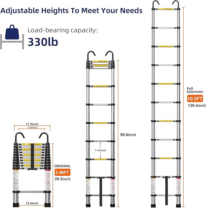 10.5ft Telescoping Ladder, Multi-Purpose Collapsible Ladder with Hook, Aluminum Extension Ladders for Home, Folding Telescoping Ladder for RV, Attic, Daily Use at Home, 330 lbs…