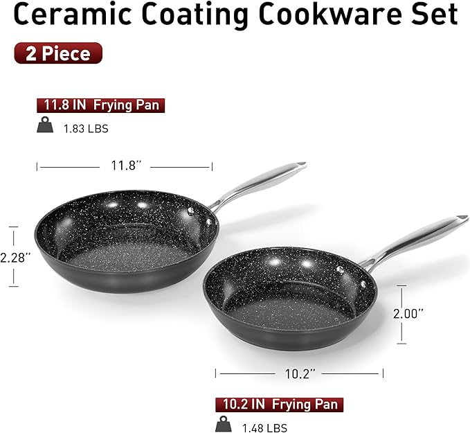 MAISON ARTS Hard Anodized Nonstick Frying Pans Set 2 Piece, 10" and 12" Ceramic Coating Skillets with Stainless Steel Handle, Induction Compatible