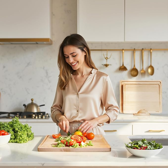 SMIRLY Wood Cutting Boards for Kitchen Wooden Chopping Board Set Reversible with Deep Juice Grooves Grip Handles, Large Charcuterie Tray for Home Kitchen, Natural Birch, 3Pcs with Holder