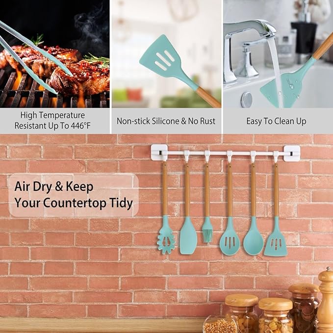 11Pcs Silicone Cooking Utensils Set with Wooden Handle, Heat Resistant Kitchen Utensil Set incl Spatula, Ladle, Tongs & Whisk, Non-Stick & Dishwasher Safe w/Holder