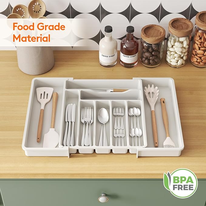Lifewit Silverware Drawer Organizer, Expandable Utensil Organizer for Kitchen Drawers, Adjustable Cutlery and Flatware Tray, Plastic Spoons Forks Knives Holder Storage Dividers, Large, White