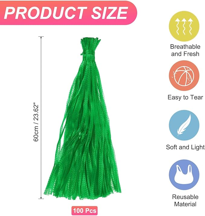 uxcell 100PCS Reusable Mesh Produce Bags, 23.6 Inches Egg Hatching Bags Washable Breathable Fruit Net Stretchable Mesh Netting Storage for Seafood Vegetable Onion Grocery Shopping, Green