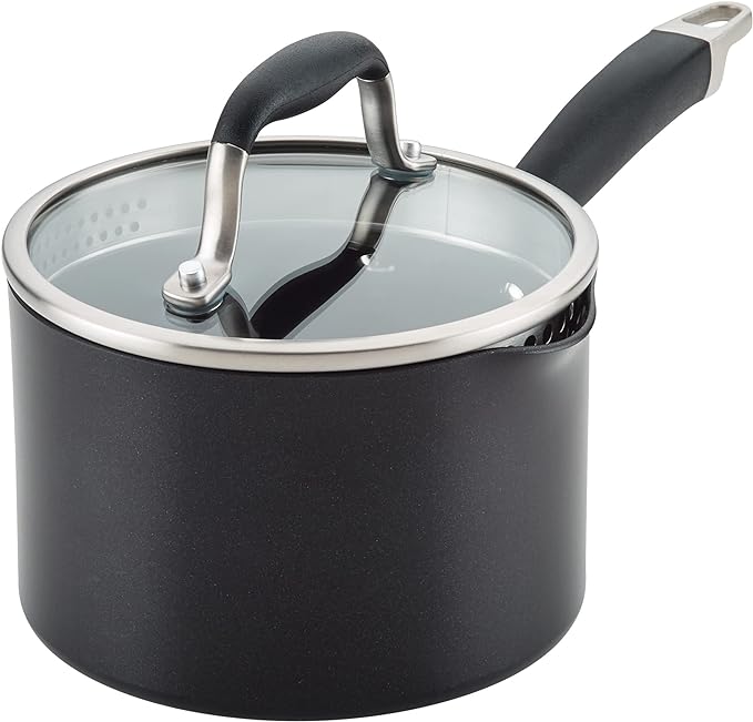 Anolon Advanced Home Hard Anodized Nonstick Sauce Pan/Saucepan with Straining and Lid, 2 Quart (2 Qt Straining Saucepan, Onyx)
