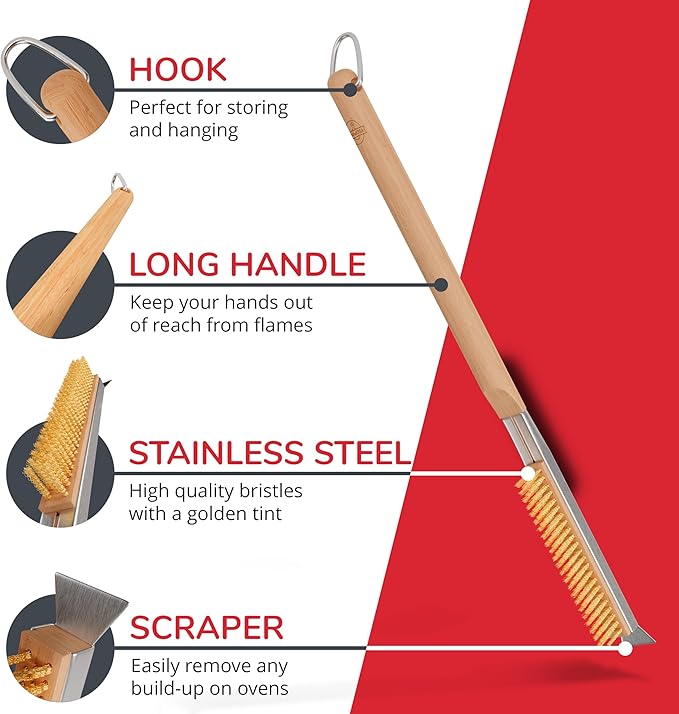 22” Pizza Oven Brush with Stone Scraper - Heat Resistant Stainless Steel Bristles, Extra Long Handle - Universal Fit for Most Pizza Ovens