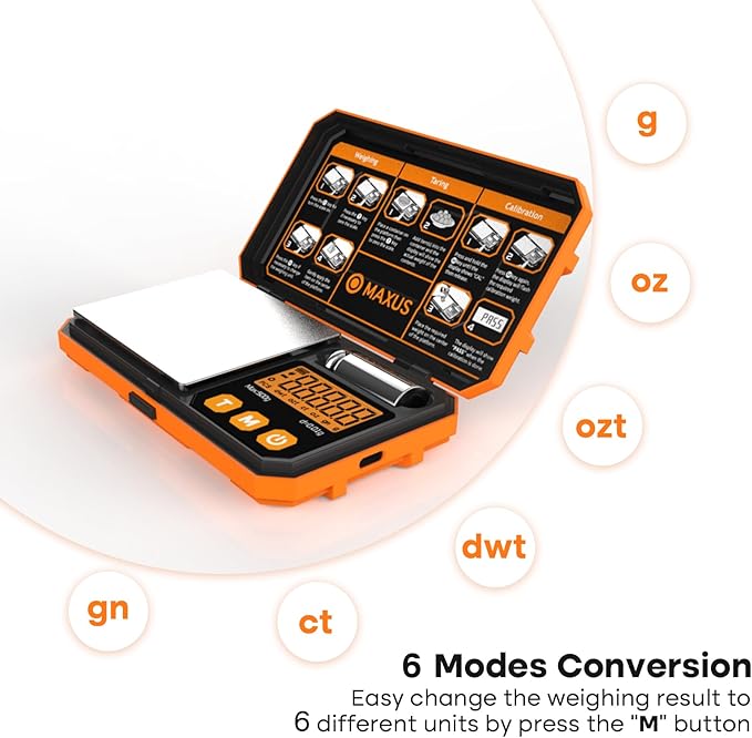 MAXUS 500g x 0.01g Digital Gram Scale with USB and Battery Power, Precision Pocket Scale with 50g Calibration Weight and Self-Sealing Cellophane Bags