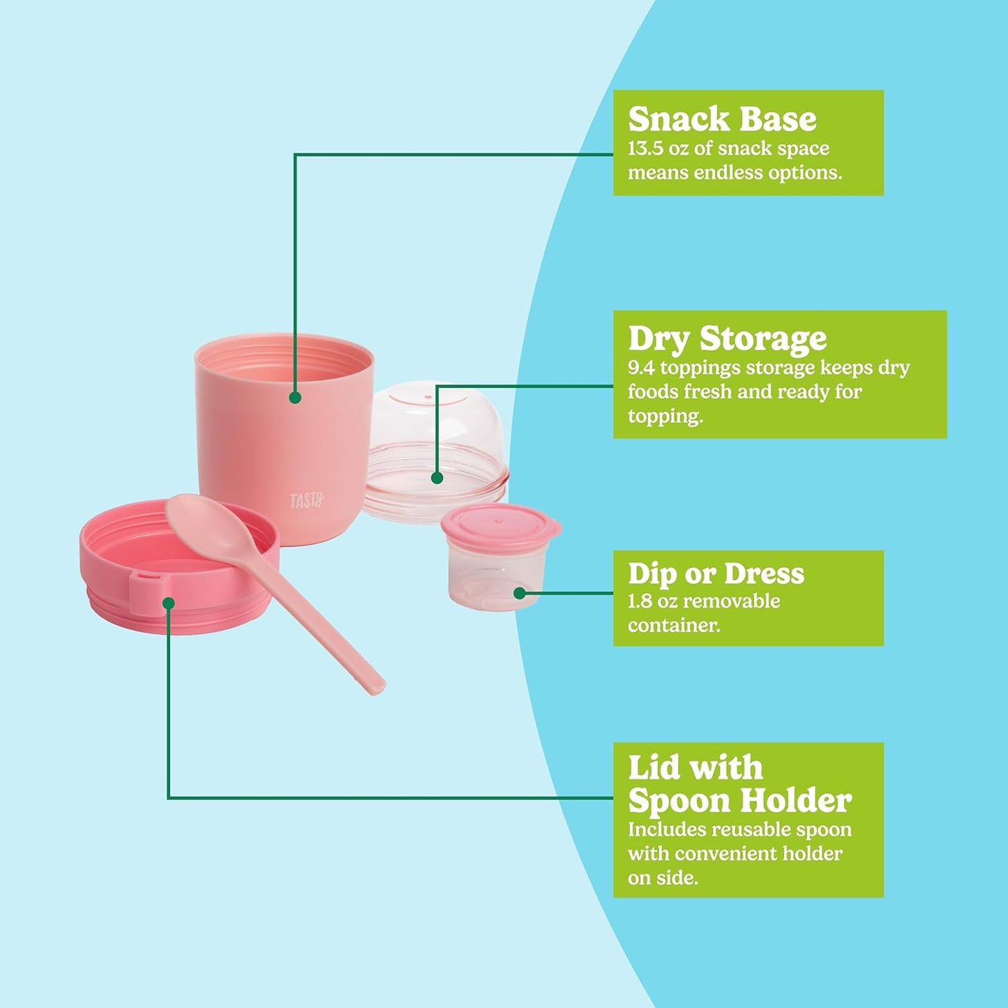Tasty Travel Snack Cups with Spoons, On-The-Go Snacking, Divided Compartments, Great for Nuts, Cereal, Granola, Yogurt and More, Made Without BPA, 2-Pack, Pink