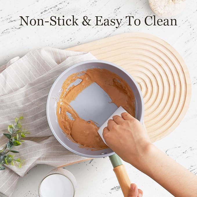 ROCKURWOK Ceramic Nonstick Sauce Pan, 3 QT Pot with Steamer, Non Toxic & PFAS-Free, Wooden Handle for Cool Touch, Universal Base(Gas, Electric & Induction), Green