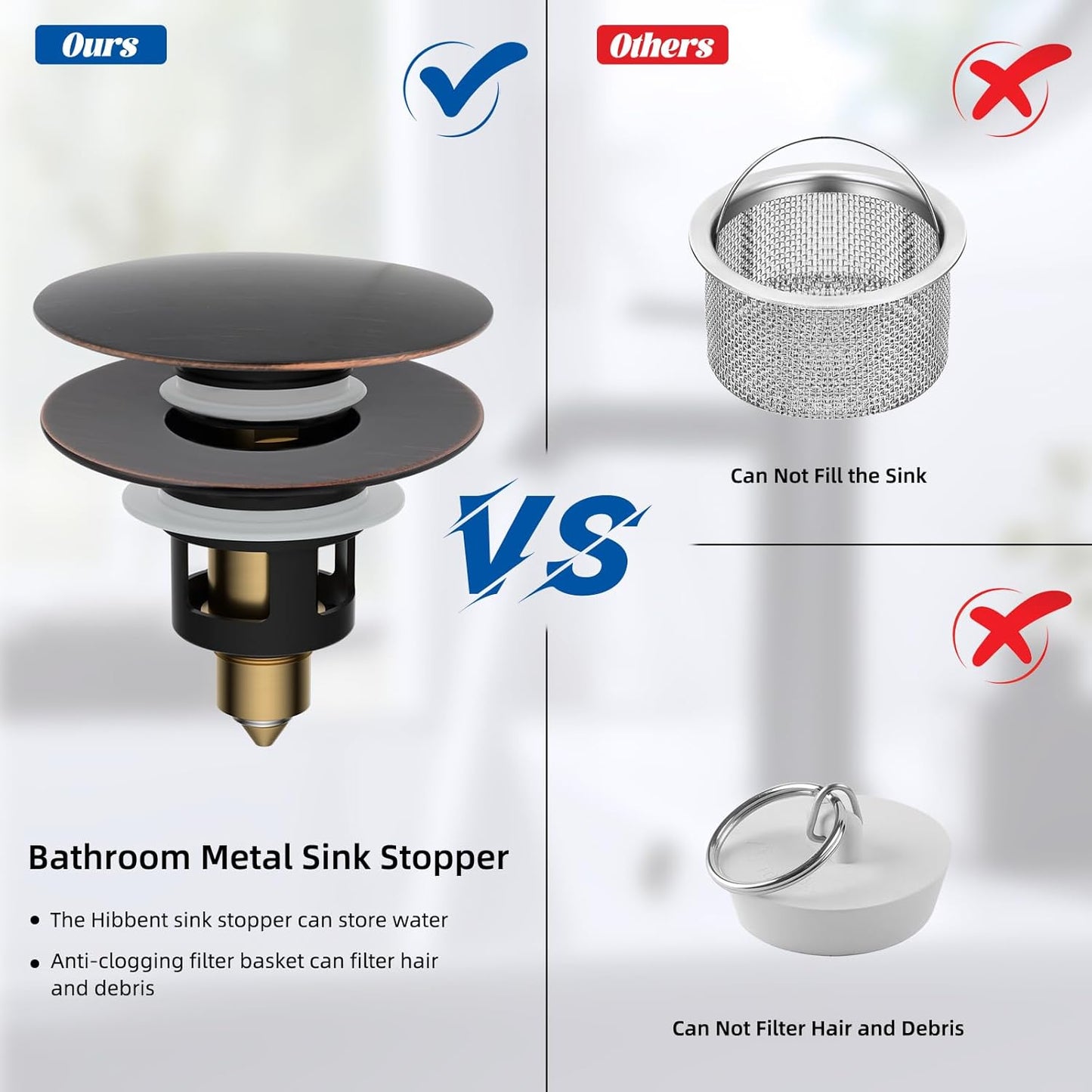 Hibbent All Metal 2 in 1 Bathroom Sink Stopper, Universal Pop Up Drain Strainer, Brass Bullet Core Push Type Stopper for 1.1''~2.3'' Basin, Big Push Button, Anti Clogging Filter, Oil-Rubbed Bronze